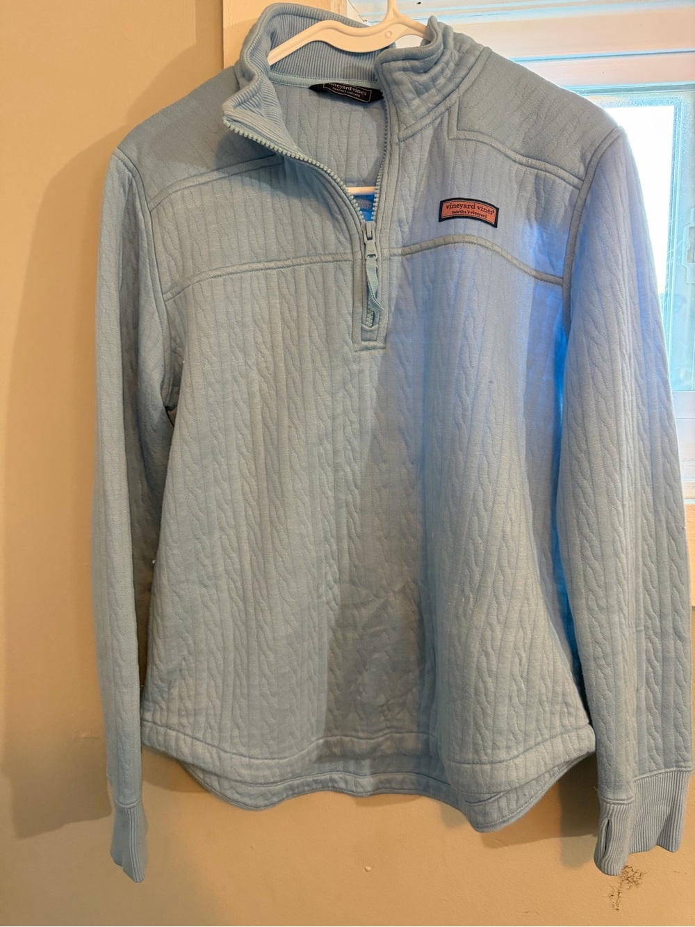 Light Blue Half-Zip Cable-Knit womens Sweater